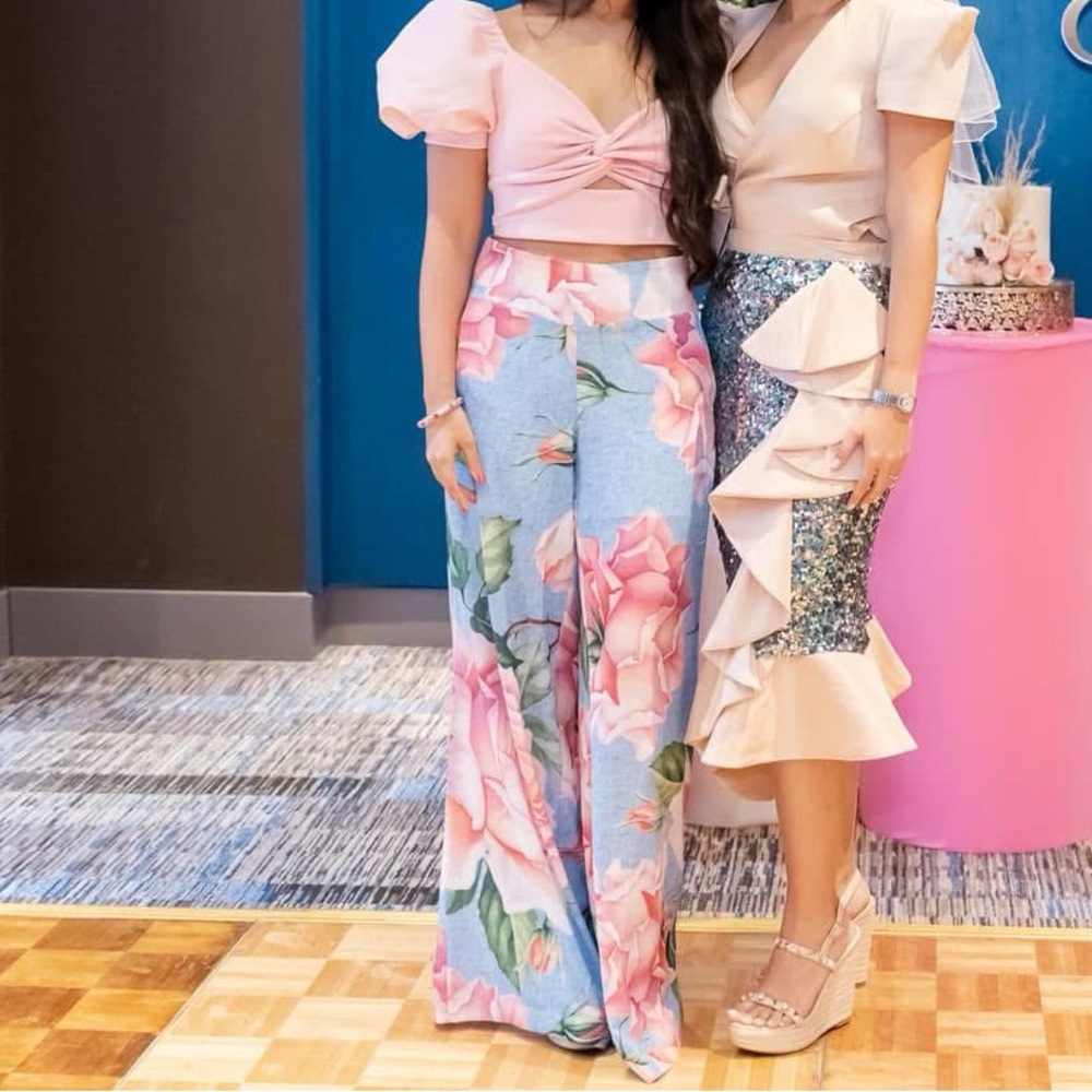 Viavai Floral Wide-Leg Pants and Pink Crop Top Set